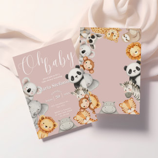 Invitation Baby shower Safari Jungle Tropicale Rose Animaux