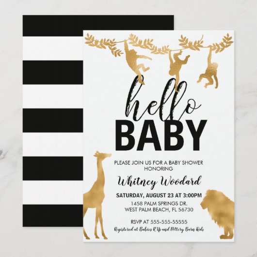Invitation Baby shower Safari | Noir & Or (Devant / Derrière)