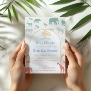 Invitation Baby Shower Safari Pastel et Fantaisiste Animaux d
