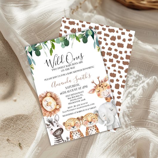 Invitation Baby shower Safari Twins Leopards Wild Ones