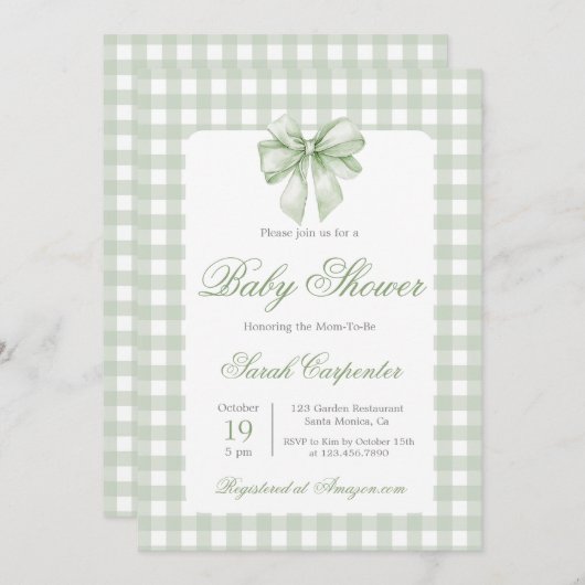 Invitation Baby shower Sage En vichy et Bow (Devant / Derrière)