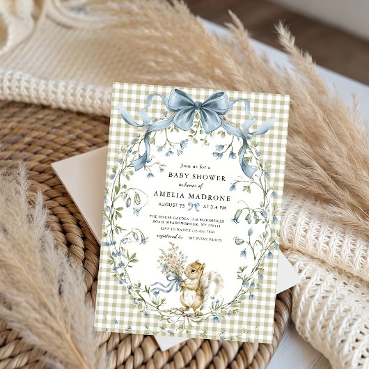 Invitation Baby Shower Sage Gingham Forêt Écureuil