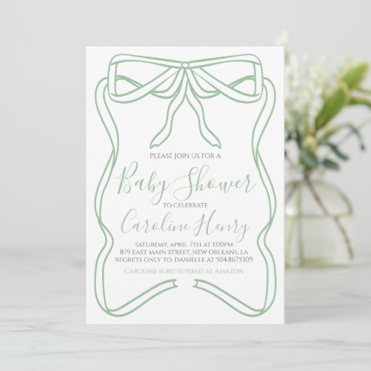 Invitation Baby shower Sage Green Coquette Bow FAIRE N'IMPORT (Debout devant)