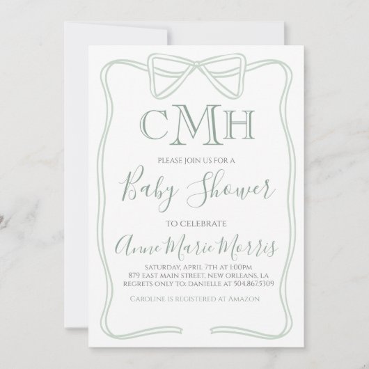 Invitation Baby shower Sage Green Coquette Bow FAIRE N'IMPORT (Devant)