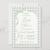 Invitation Baby shower Sage Green En vichy et Bow (Devant)