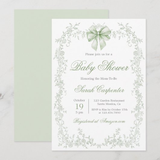 Invitation Baby shower Sage Green Toile et Bow (Devant / Derrière)