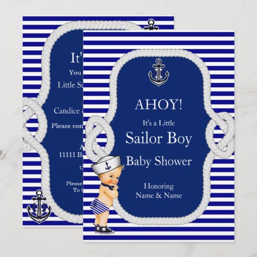 Invitation Baby shower Sailor Boy Blue Stripe Blonde (Devant / Derrière)