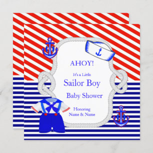 Invitation Baby shower Sailor Suit Boy Rouge Royal Bleu Strip
