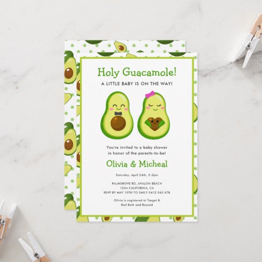 Invitation Baby shower Saint-Guacamole Kawaii Avocado (Devant/Arrière en situation)