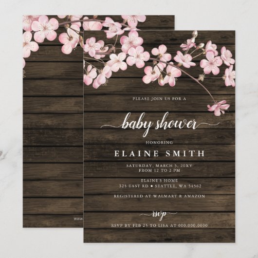 Invitation Baby shower Sakura Cherry Blossoms Rose Bois (Devant / Derrière)