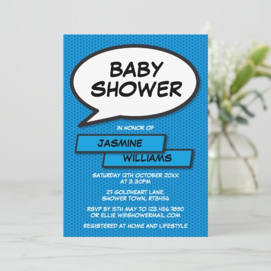 Invitation Baby shower Saupoudrer Moderne Garçon Bleu Amusant (Debout devant)