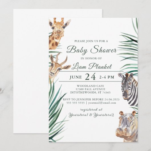 Invitation Baby shower sauvage Jungle Safari (Devant / Derrière)
