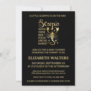 Invitation Baby Shower Scorpion Zodiaque Or et Noir
