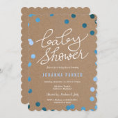 Invitation Baby shower Script Kraft papier bleu Confetti (Devant / Derrière)