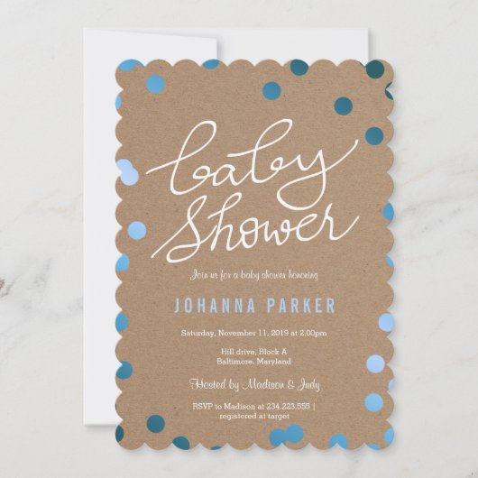 Invitation Baby shower Script Kraft papier bleu Confetti (Devant)