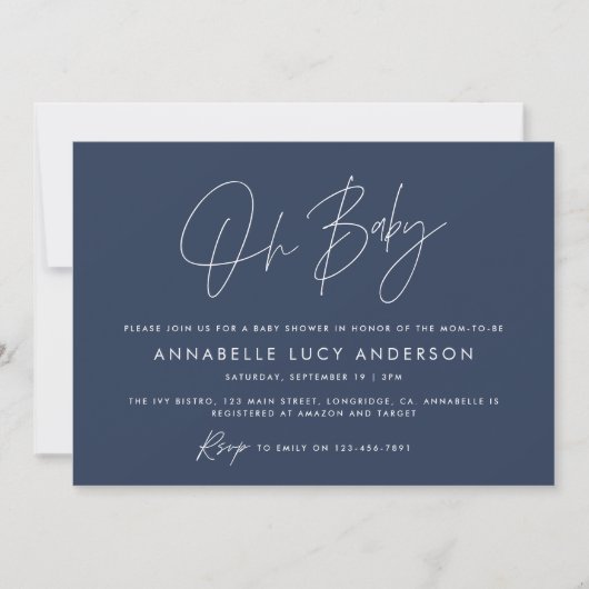 Invitation Baby shower script marine moderne bleu boho (Devant)