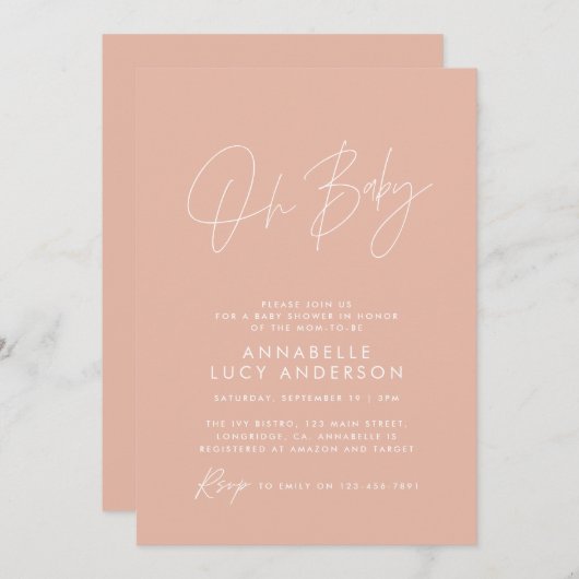 Invitation Baby shower script moderne blush rose élégant phot (Devant / Derrière)