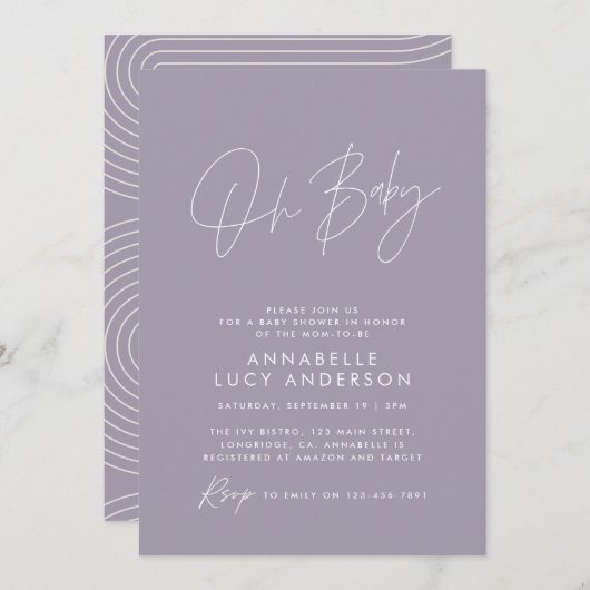 Invitation Baby shower script moderne élégant lilas violet (Devant / Derrière)