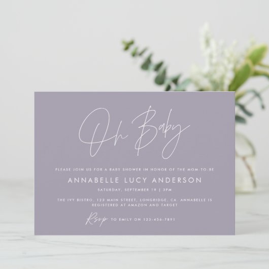 Invitation Baby shower script moderne lilas pourpre boho (Debout devant)