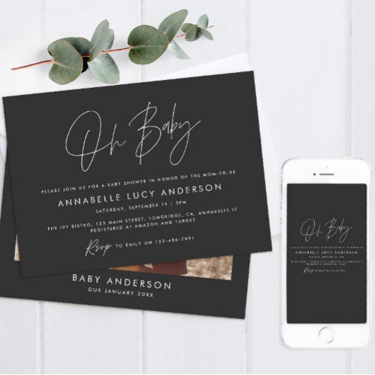 Invitation Baby shower script moderne noir boho photo