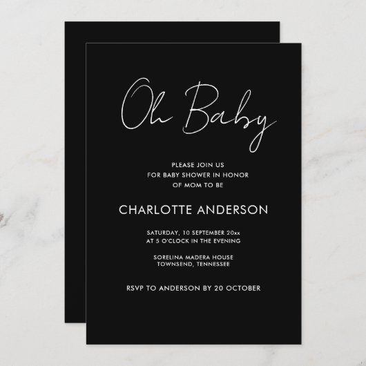 Invitation Baby shower script moderne noir et blanc élégant (Devant / Derrière)