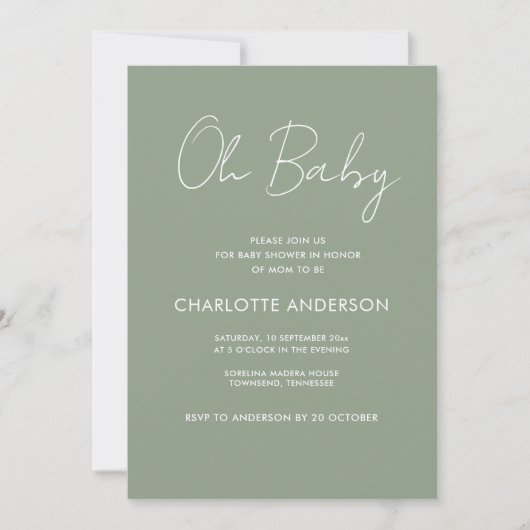 Invitation Baby shower script moderne sauge vert élégant (Devant)