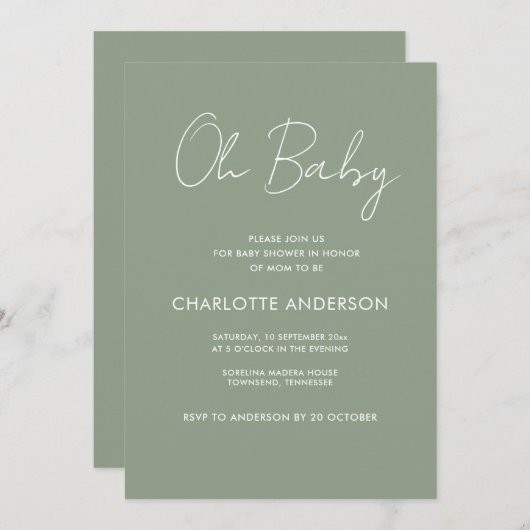 Invitation Baby shower script moderne sauge vert élégant (Devant / Derrière)