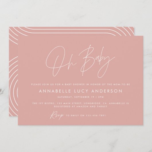 Invitation Baby shower script moderne simple rose rose boho (Devant / Derrière)