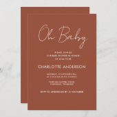 Invitation Baby shower script moderne terre cuite marron élég (Devant / Derrière)