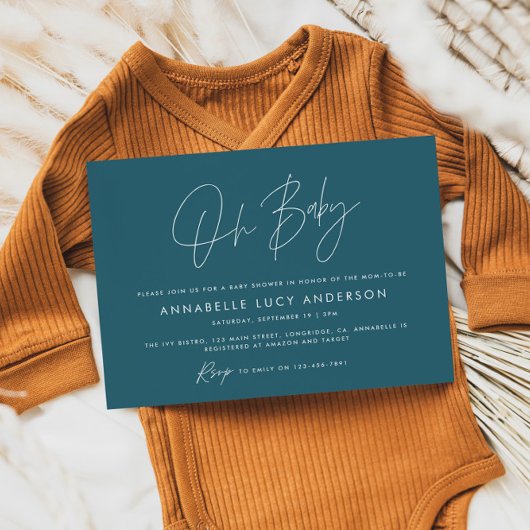 Invitation Baby shower script moderne turquoise bleu boho