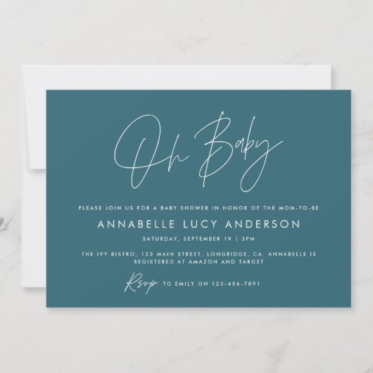Invitation Baby shower script moderne turquoise bleu boho (Devant)
