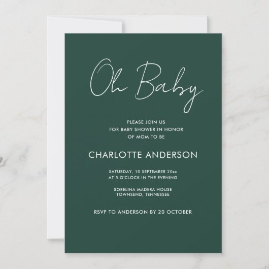 Invitation Baby shower script moderne vert émeraude élégant (Devant)