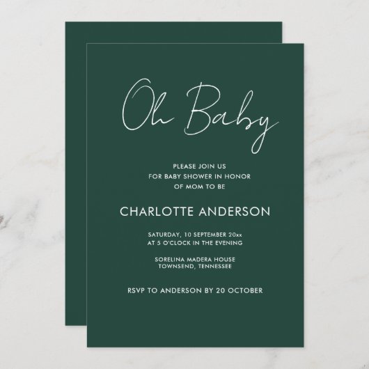 Invitation Baby shower script moderne vert émeraude élégant (Devant / Derrière)