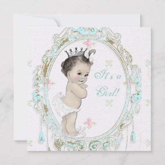 Invitation Baby shower Shab Chic bleu sarcelle Princesse (Devant)