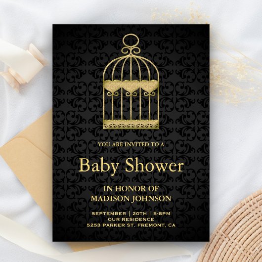 Invitation Baby shower Shabby Chic Gold Birdcage