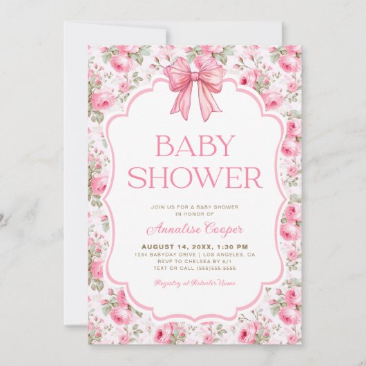 Invitation Baby shower Shabby Chic Rose Bow (Devant)