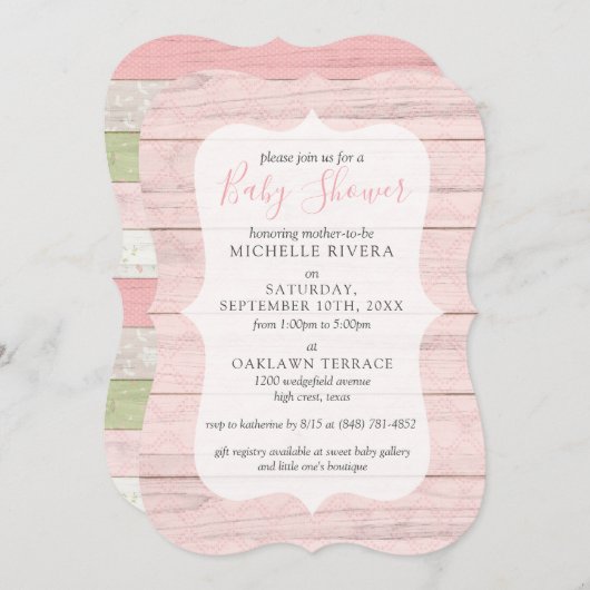 Invitation Baby shower Shabby rose & Sage vert bois rustique (Devant / Derrière)