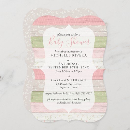 Invitation Baby shower Shabby rose & Sage vert Bois rustique (Devant / Derrière)