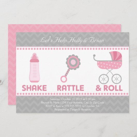 Invitation baby shower - Shake, Rattle & Roll (Devant / Derrière)