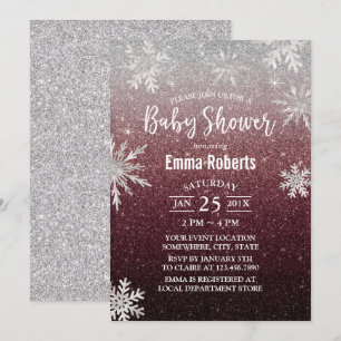 Invitation Baby shower Silver Flocon de neige Bourgogne Parti