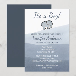 Invitation Baby shower simple Blue Elephant Watercolor Boy