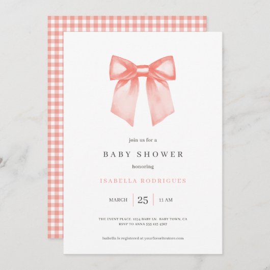 Invitation Baby shower simple Bow (Devant / Derrière)