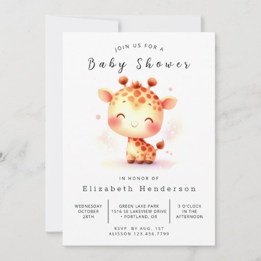Invitation Baby shower simple de girafe modifiable (Devant)