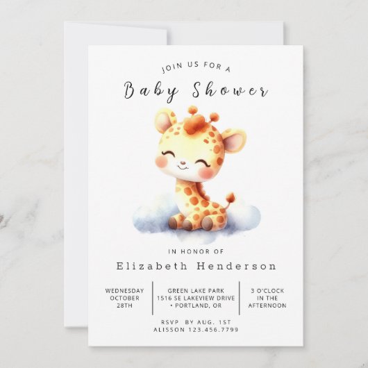 Invitation Baby shower simple de girafe modifiable (Devant)