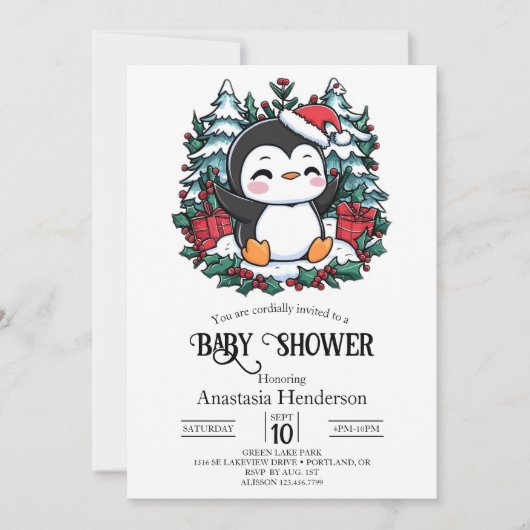 Invitation Baby shower simple de pingouin à flocon de neige (Devant)