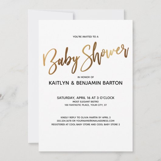Invitation Baby shower simple de typographie or (Devant)