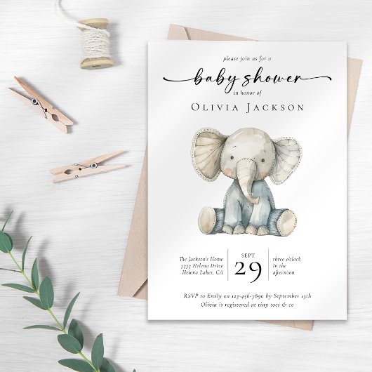 Invitation Baby shower simple d'éléphant aquarelle