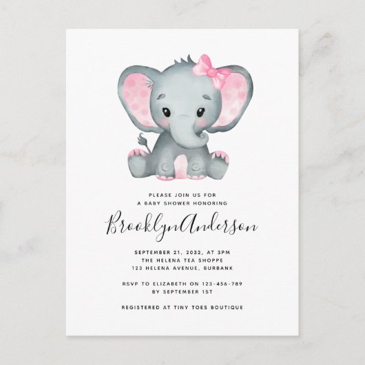 Invitation Baby shower simple d'éléphant rose (Devant)