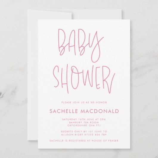 Invitation Baby shower simple écriture rose (Devant)