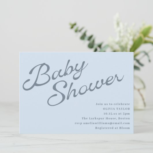 Invitation Baby Shower Simple Élégant Bleu Clair Écriture (Debout devant)